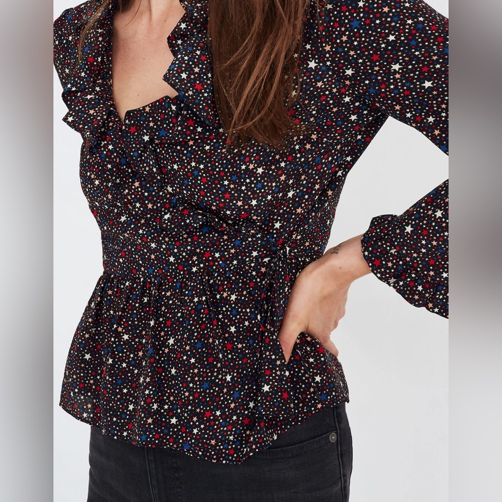 Madewell Women’s Small 100% Silk Ruffle Hem Wrap Blouse Starry Night - Picture 2 of 8